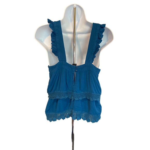 Forever 21 Womens Tank Top Small Blue Cropped Ruffled Lace Trim Boho Hippie - Picture 2 of 8